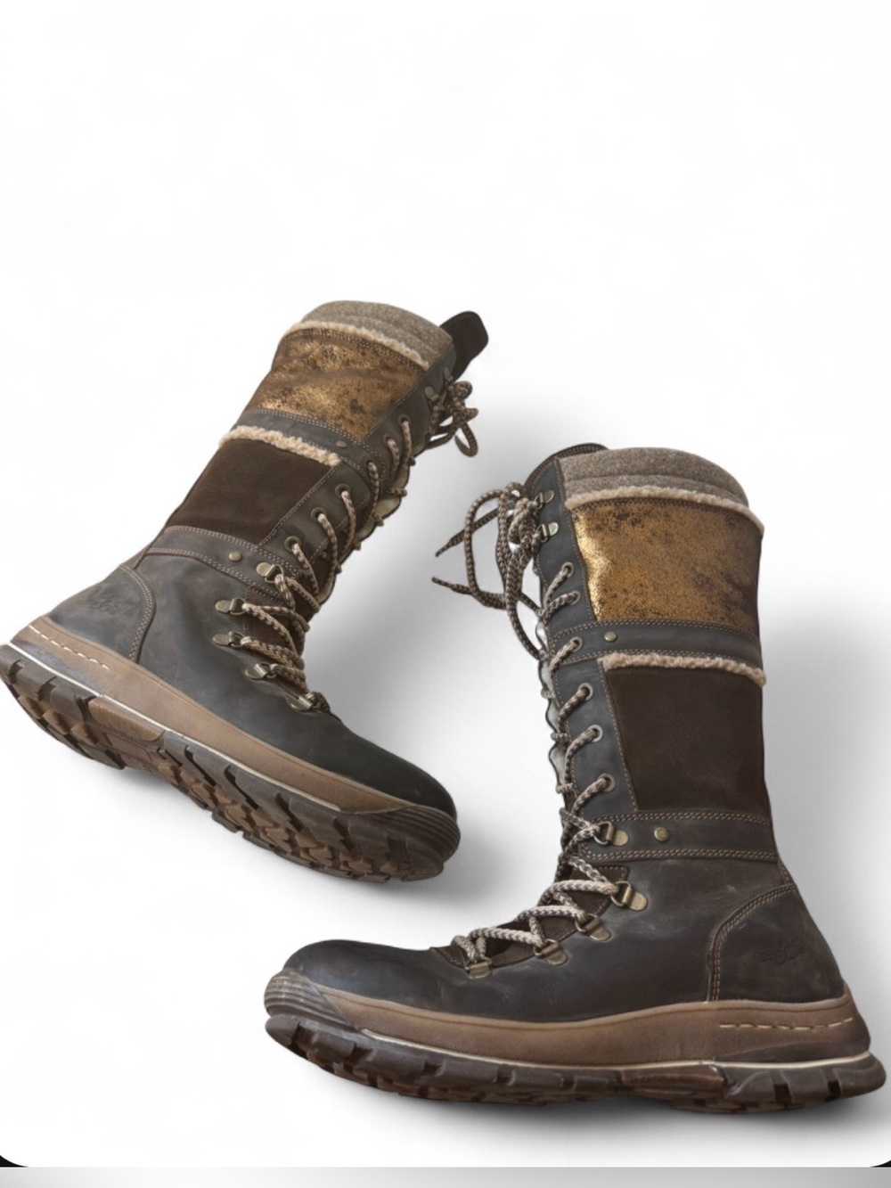 Y2K Bos & Co. Brown Tall Lace Up Winter Boots Faux Fur Bronze Portugal Sz 40/10